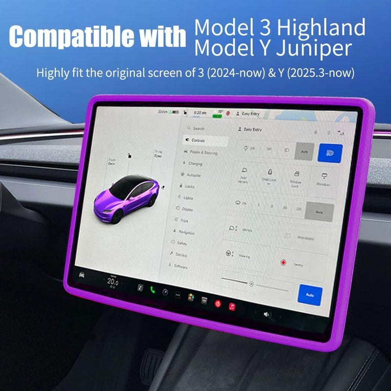 Yeapop 2Pcs Silicone Protector Frames of Screen and Rear View Mirror for Tesla Model 3 2024 Highland and Model Y 2025 Juniper. (Purple) - Image 2